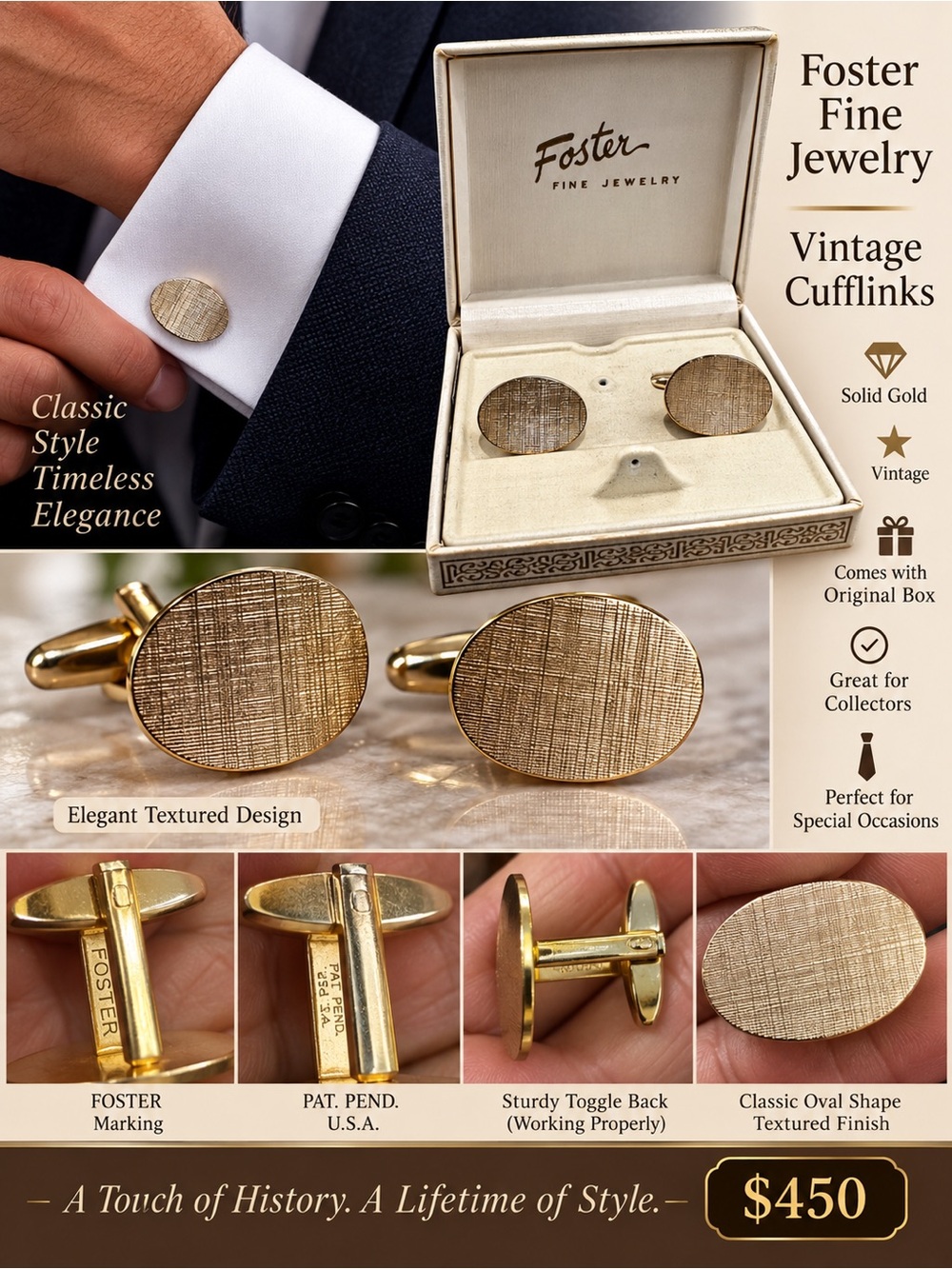 Oster solid Gold toned Oval Cufflinks